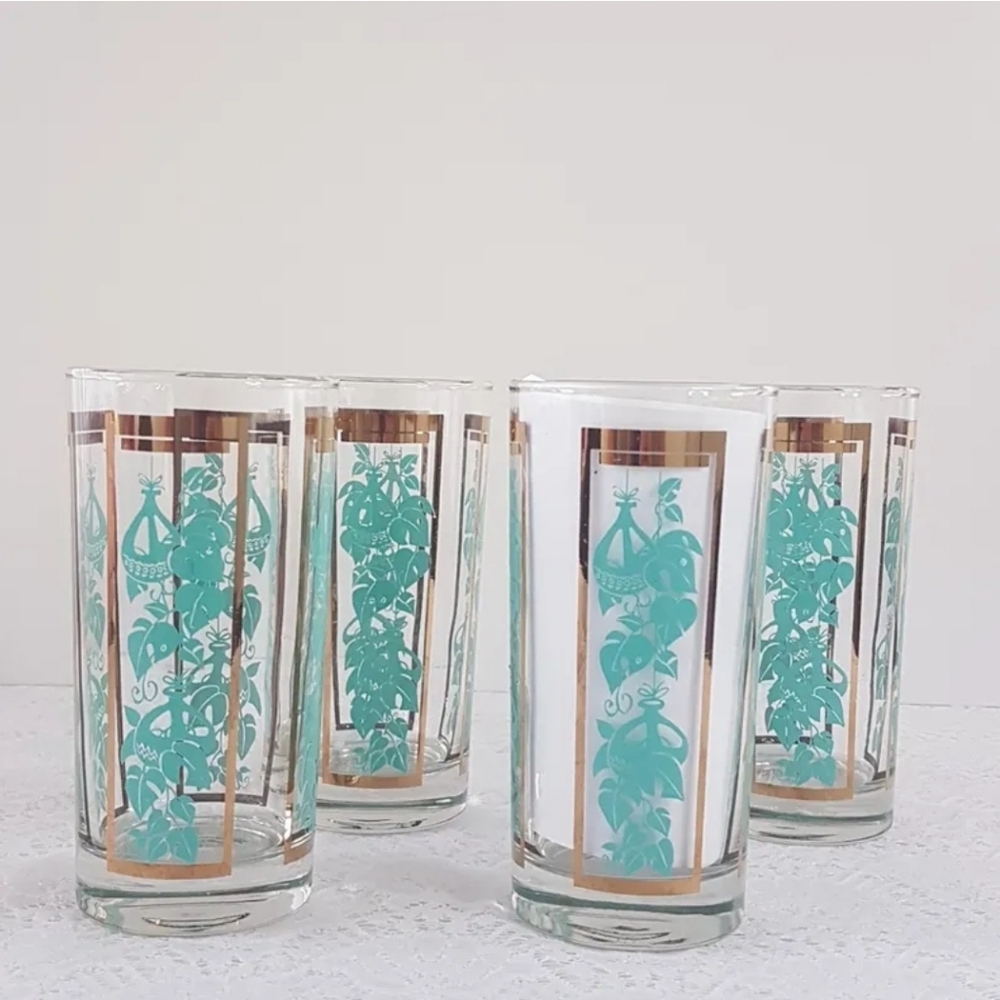 1960s Turquoise Blue 12oz Drinking Glasses - Plant Motif Libbey-Dominion Glass